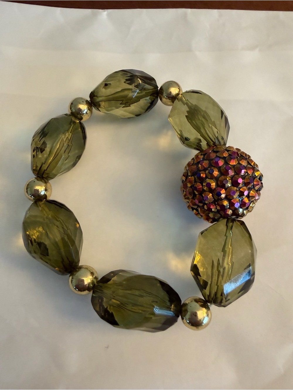 VTG Large Faceted Beads Olive Green Pink Rhinestone Babble Bracelet - Picture 2 of 7